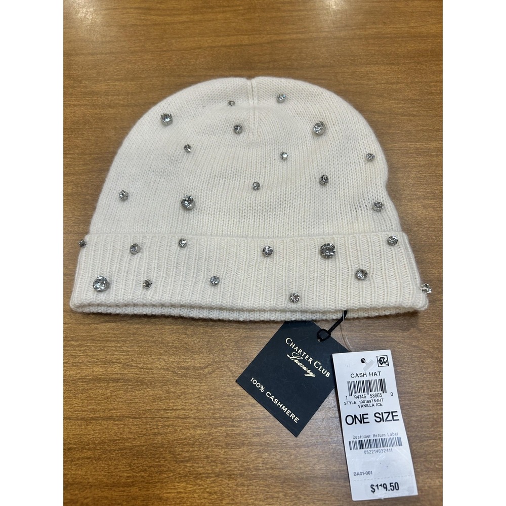 Charter Club Hat Beanie Womens One Size White 100% Cashmere Rhinestone Knit NWT